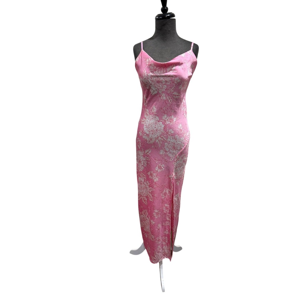 Paper Heart Pink Floral Satin Cowl Neck Maxi Slip Dress XS‎ Side Slit Adjustable